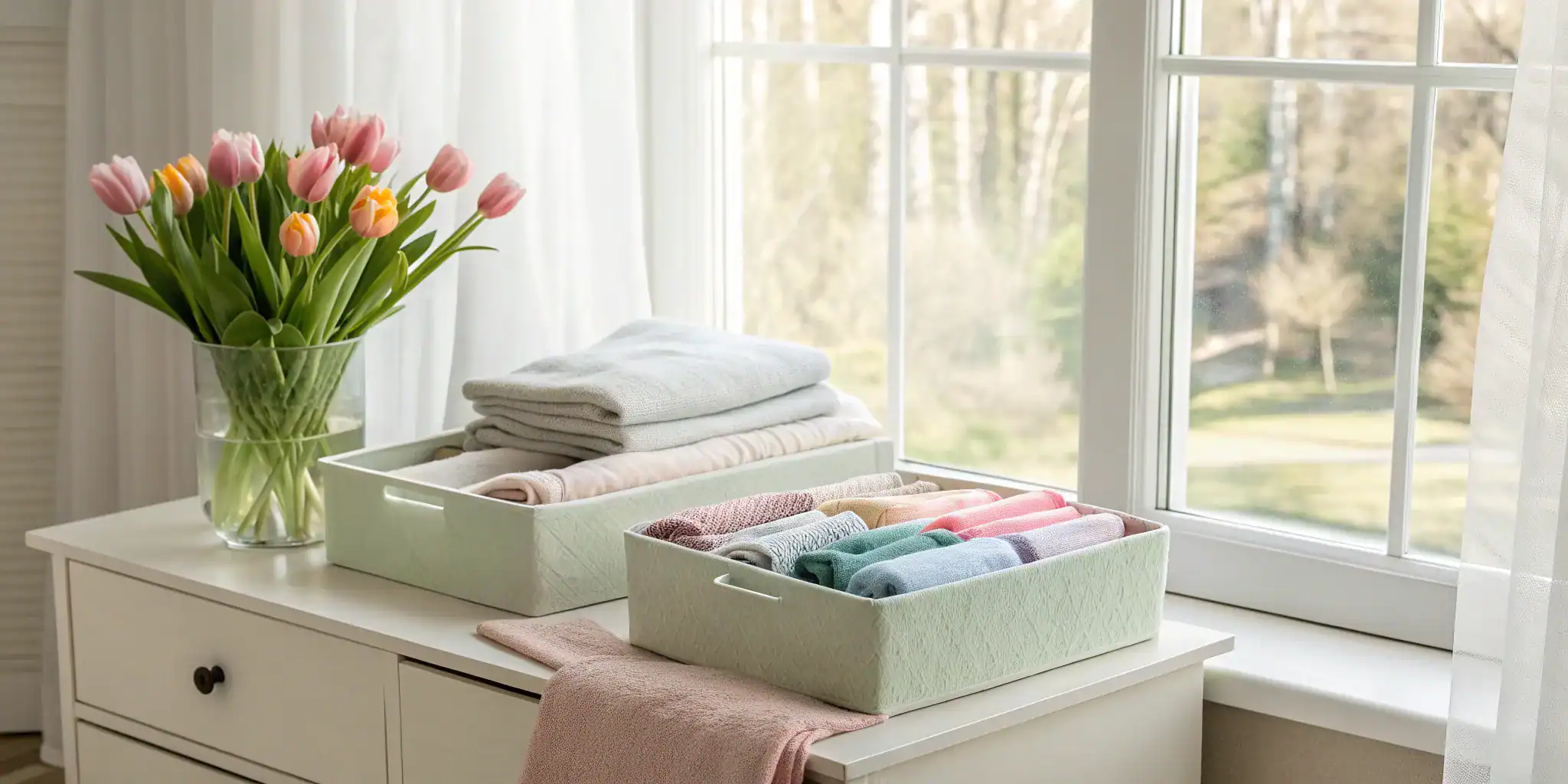 Clean towels and linens in baskets.