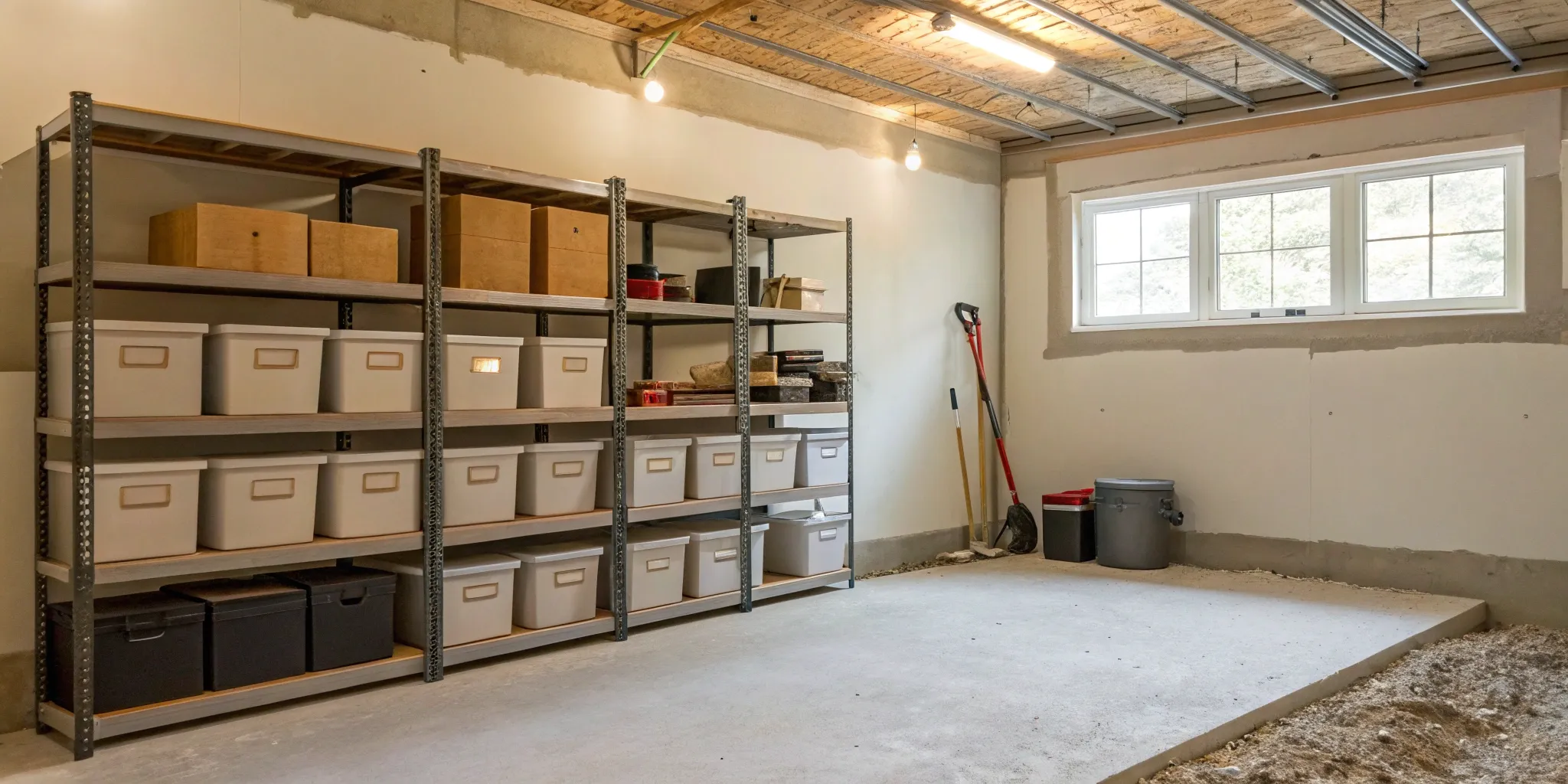 A clean basement with neatly organized shelves holding labeled storage bins and tools.