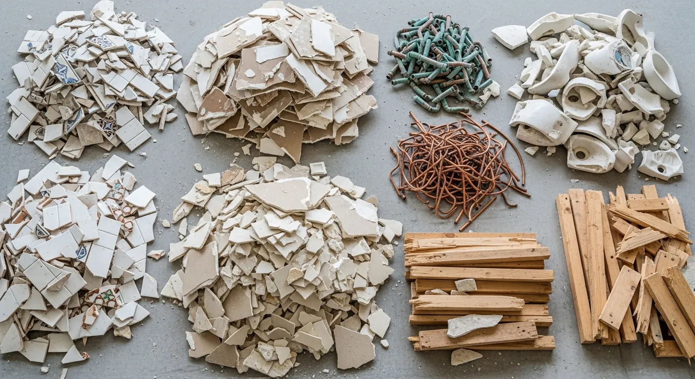 Bathroom demolition debris including broken tiles, drywall, and plumbing fixtures