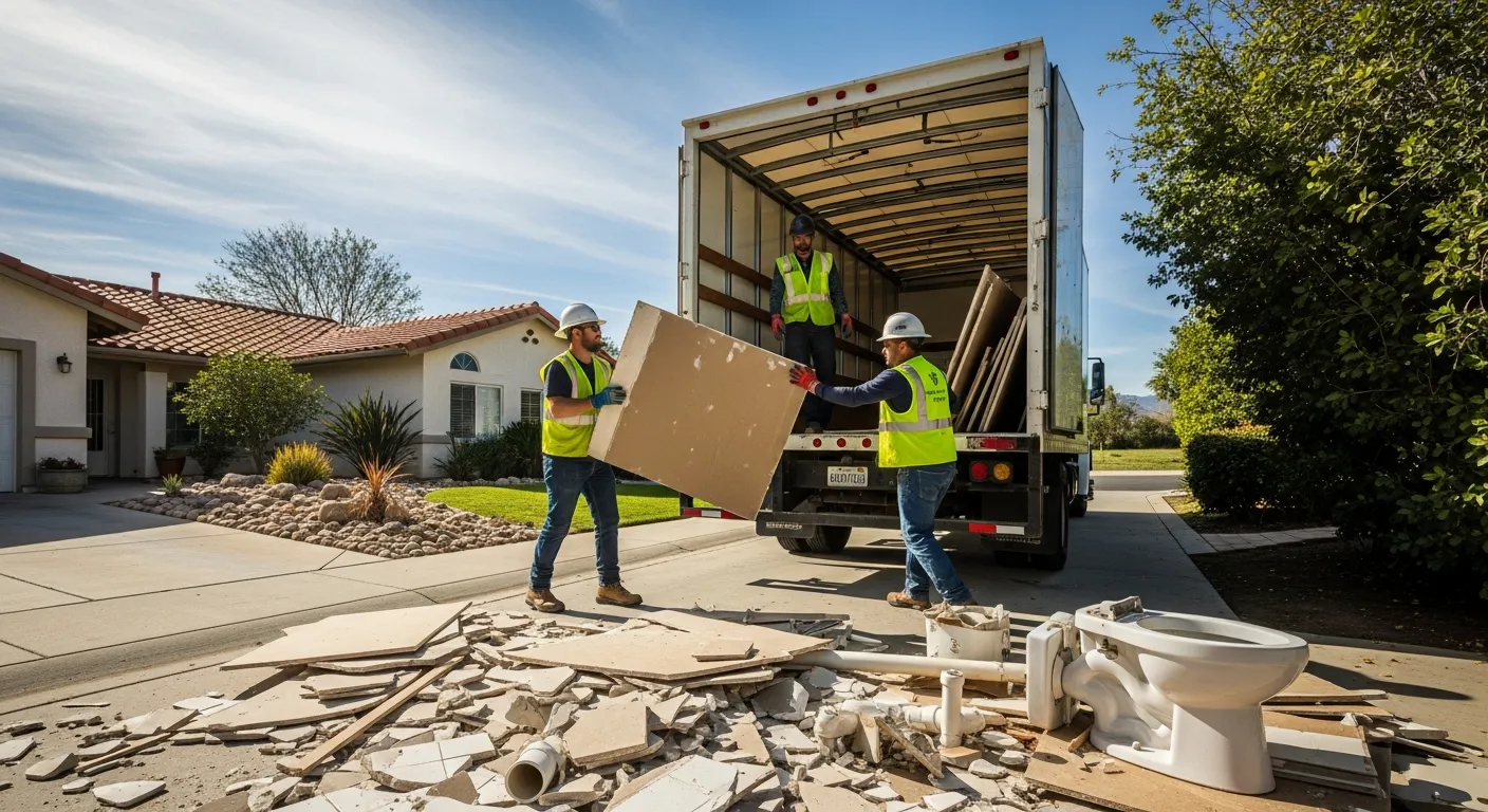 Junk removal crew loading bathroom renovation debris into a truck