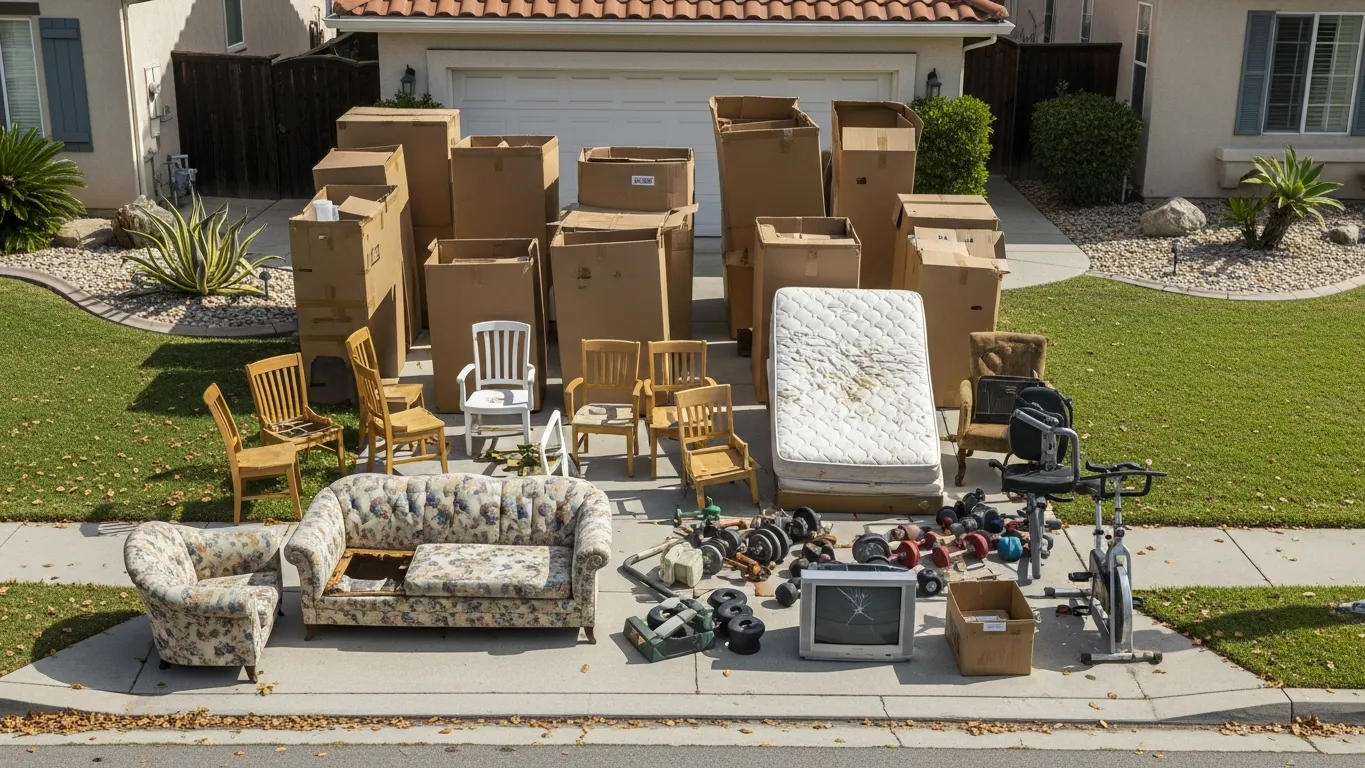 Bulk trash items including old furniture and appliances arranged on a driveway for pickup