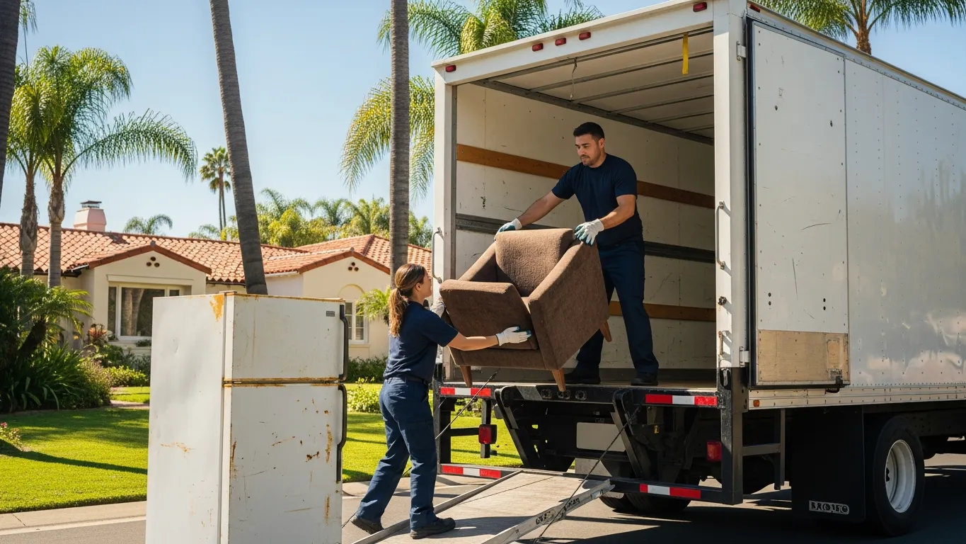 Professional junk removal crew loading large items into a truck in Orange County California