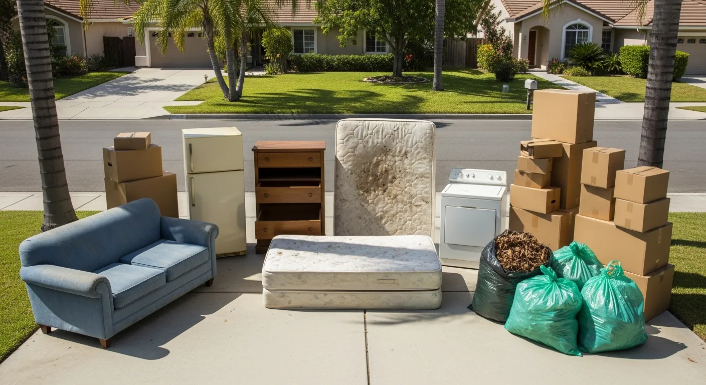 Bulk trash items including furniture, appliances, and yard waste on a driveway ready for pickup