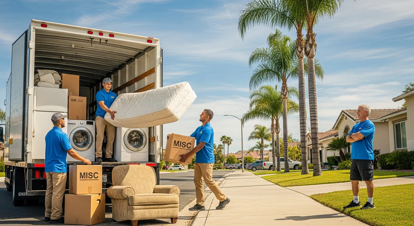 Junk removal workers loading bulk pickup items into a truck while homeowner watches