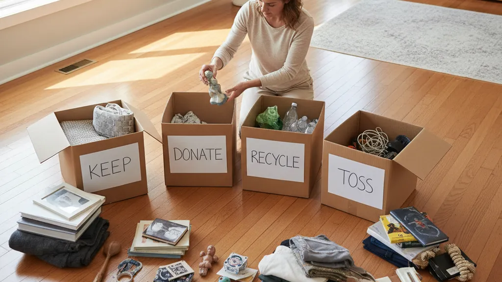 Person sorting household items into keep donate recycle and toss boxes while decluttering