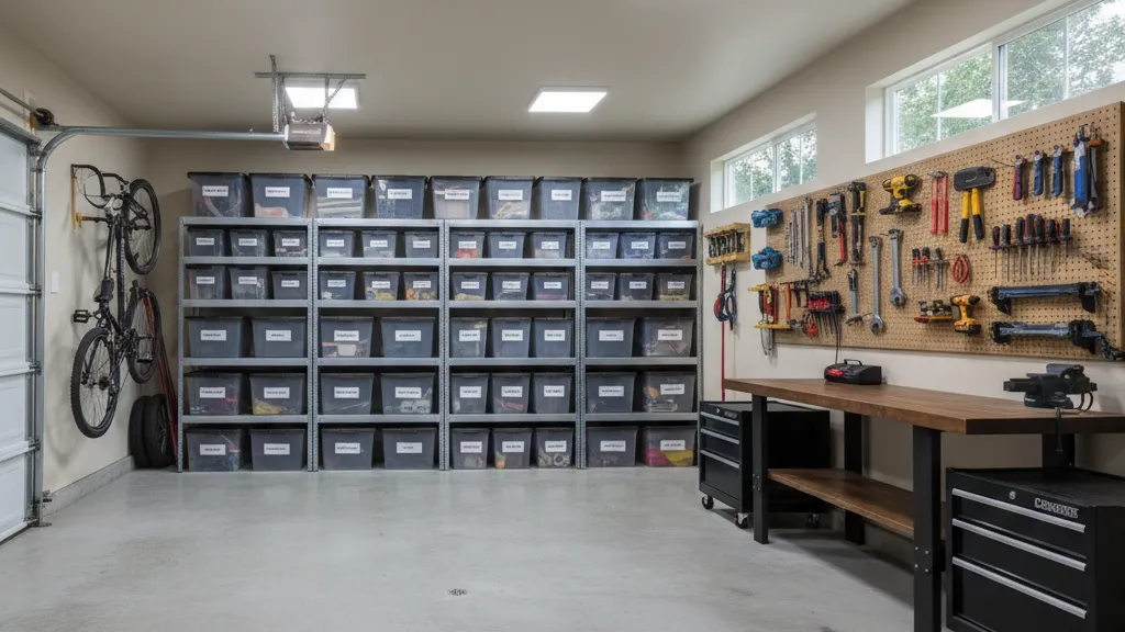 Clean organized garage after a full cleanout with labeled storage bins