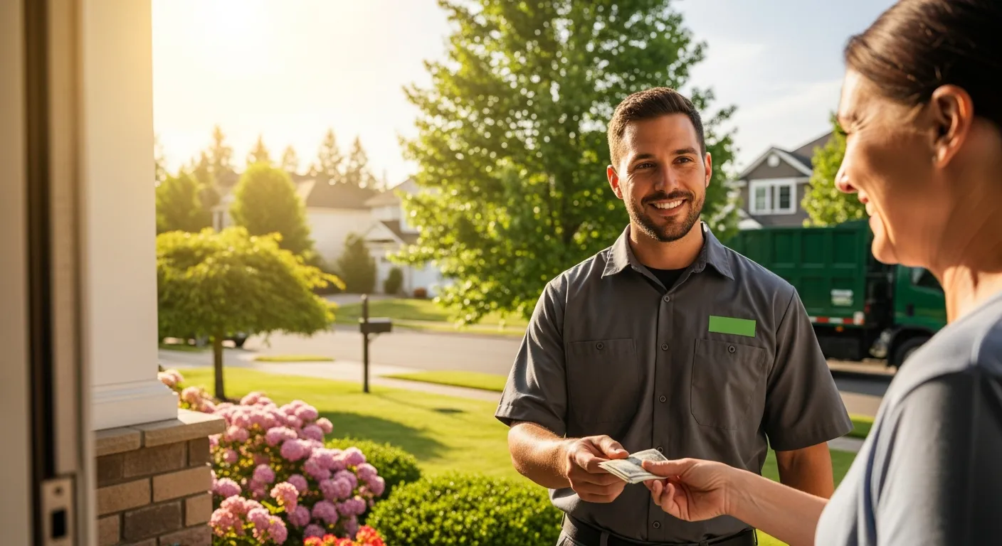 Homeowner tipping a junk removal crew member at the front door after a successful job