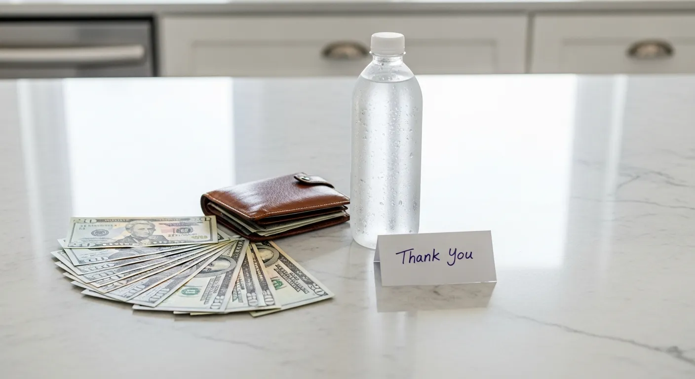Cash tip, water bottle, and thank-you note on a kitchen counter as ways to tip junk removal workers