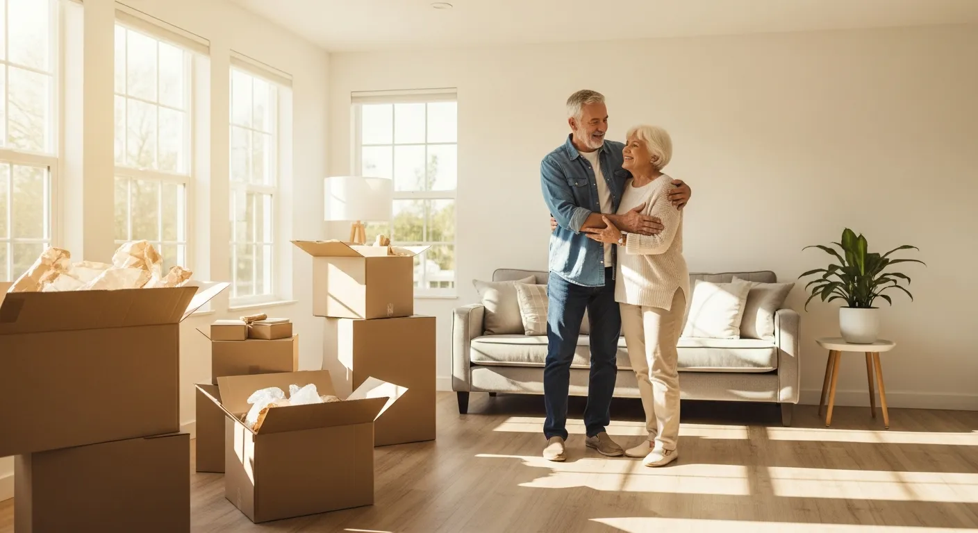Senior couple downsizing their home in Orange County with organized moving boxes in a bright living room