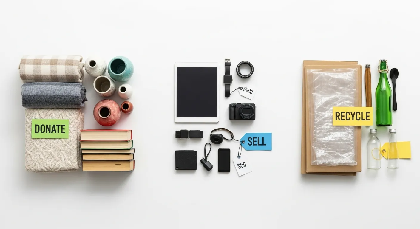 Organized sorting piles for downsizing: donate, sell, and recycle categories with household items