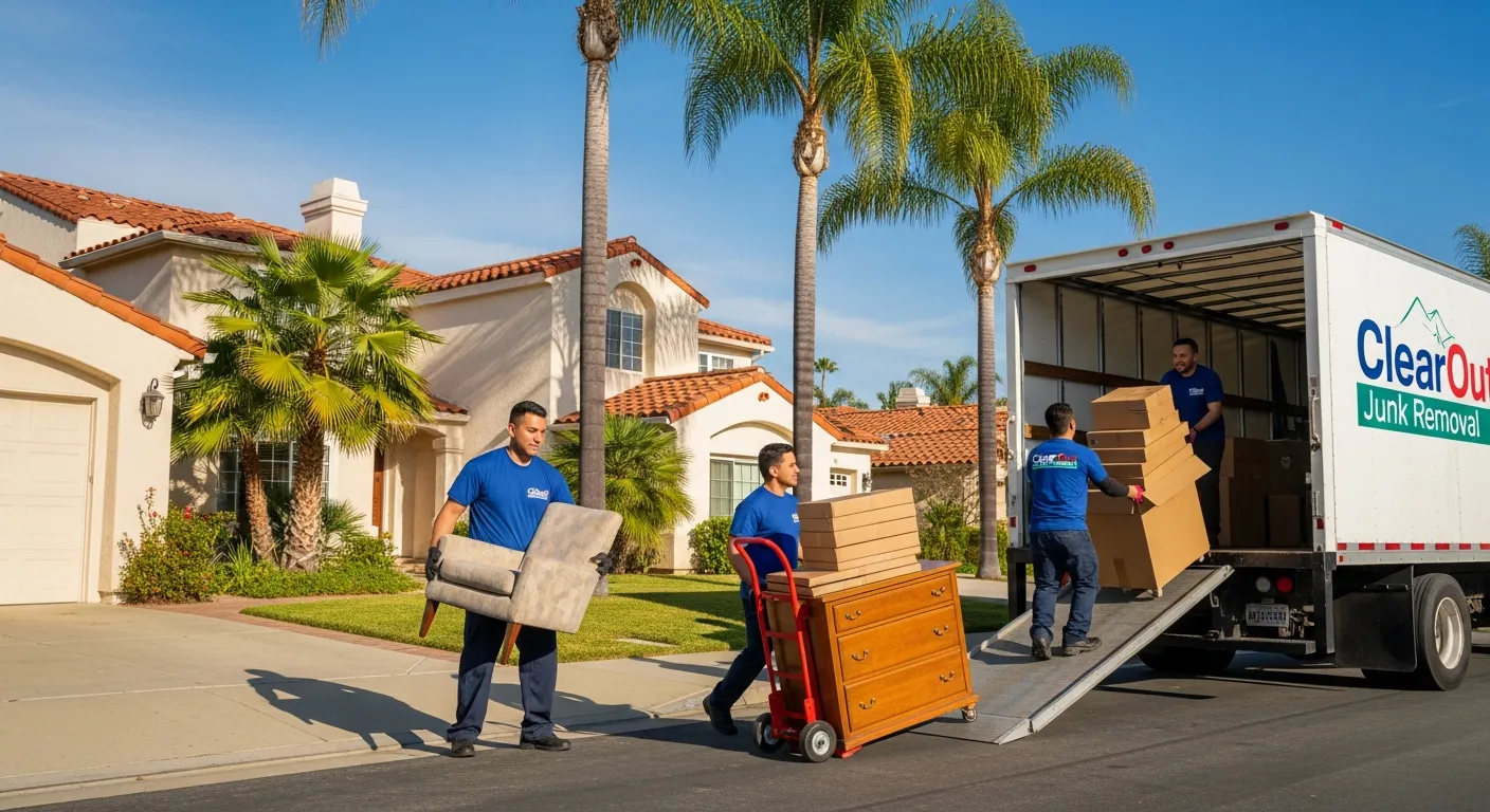 Professional junk removal crew loading furniture from a Southern California home during a downsizing project