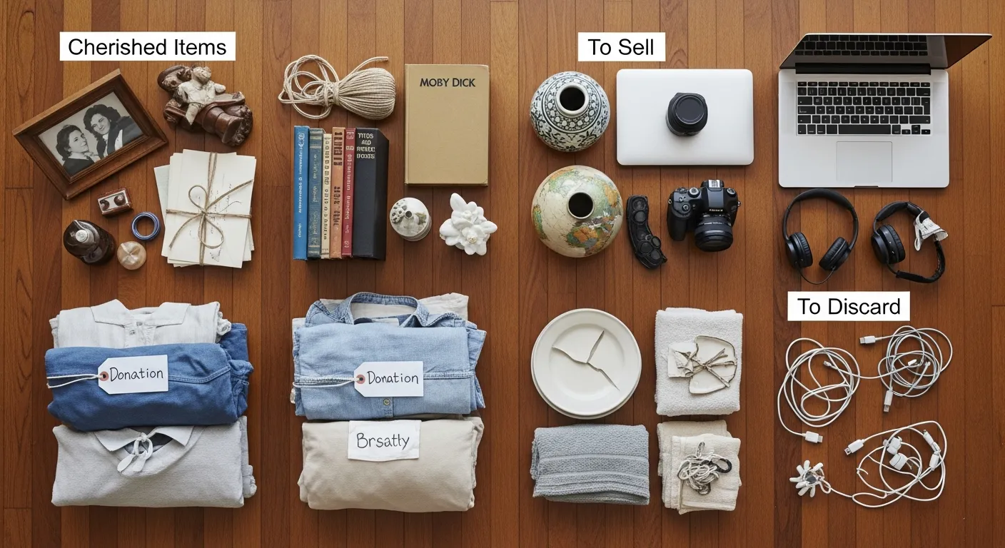Organized sorting station showing items categorized for keeping, selling, donating, and discarding during senior downsizing