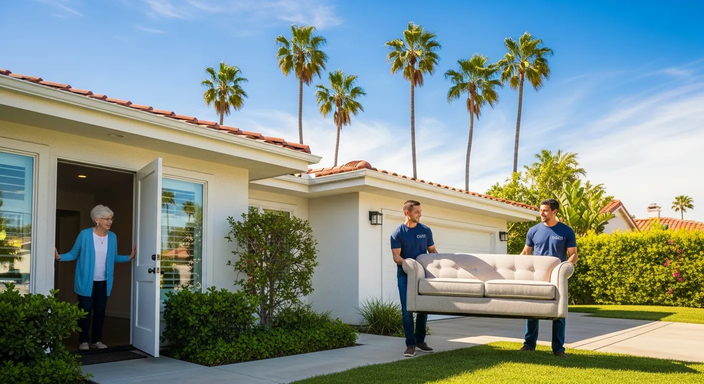 Professional junk removal team helping a senior homeowner downsize by carrying furniture from her Orange County home