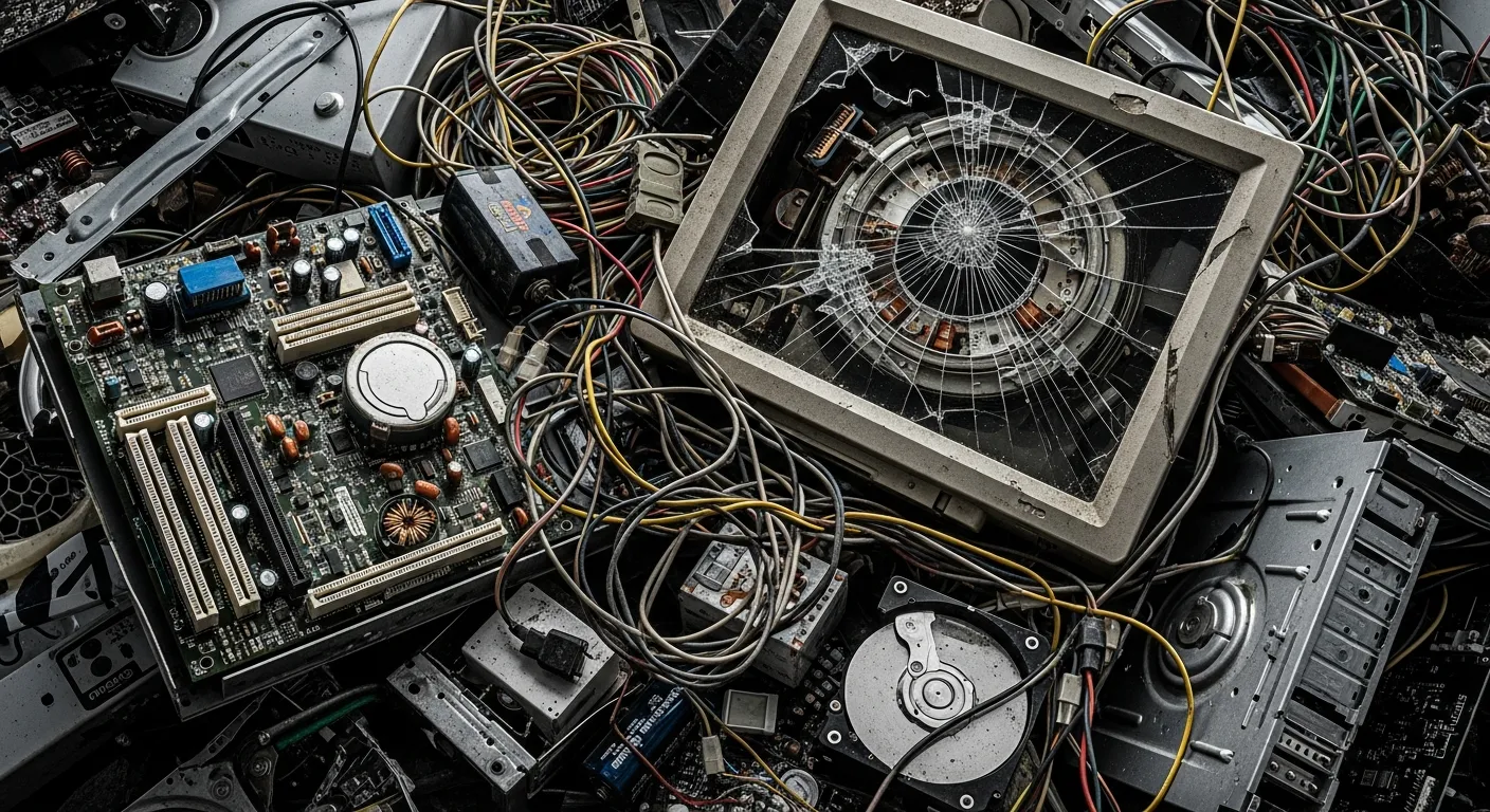 Close-up of hazardous e-waste including cracked CRT monitor circuit boards cables and batteries