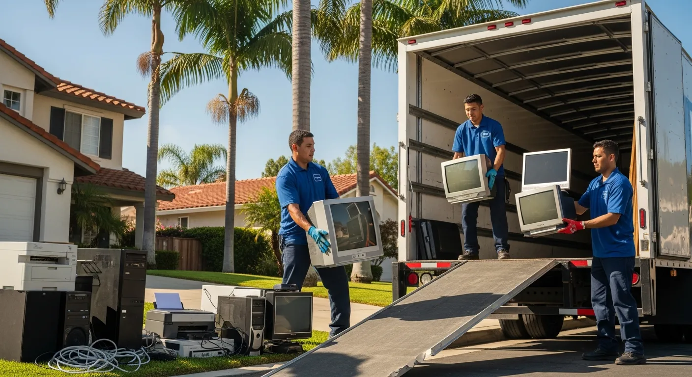 Professional junk removal crew loading old electronics and CRT monitors into truck outside Orange County home