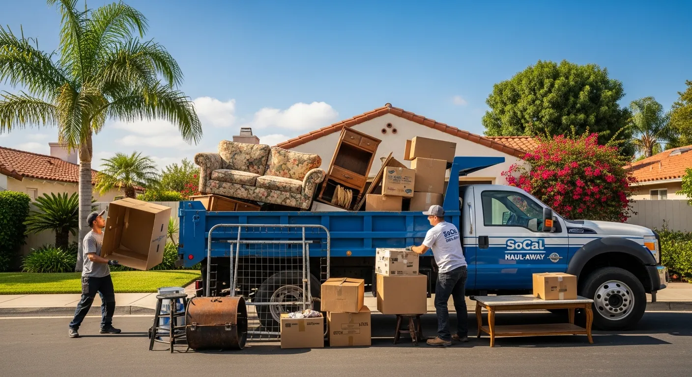 Junk removal truck being loaded with furniture and boxes during a property cleanout in Southern California