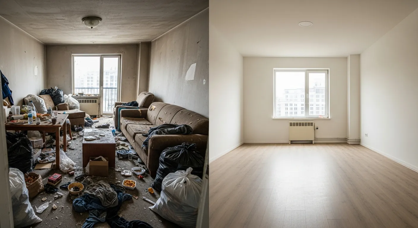 Before and after eviction cleanout showing cluttered apartment transformed to clean unit