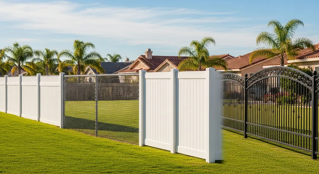 Four different fence types compared: wood, chain link, vinyl, and wrought iron