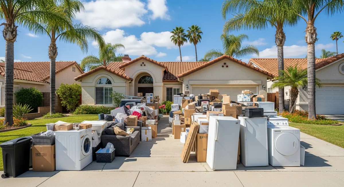 Foreclosed property exterior in Southern California with items left in the driveway awaiting professional foreclosure cleanout