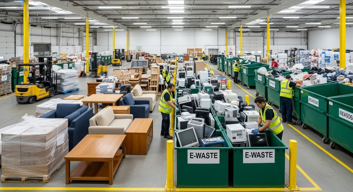 Professional junk removal team sorting foreclosure cleanout items into donation and recycling categories for eco-friendly disposal