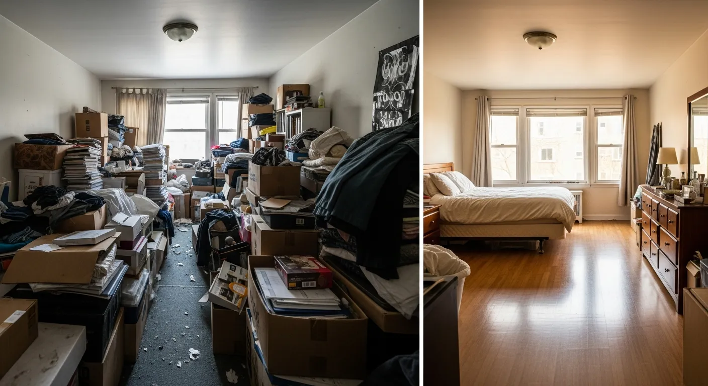 Before and after hoarding cleanup showing a cluttered room transformed into a clean livable space