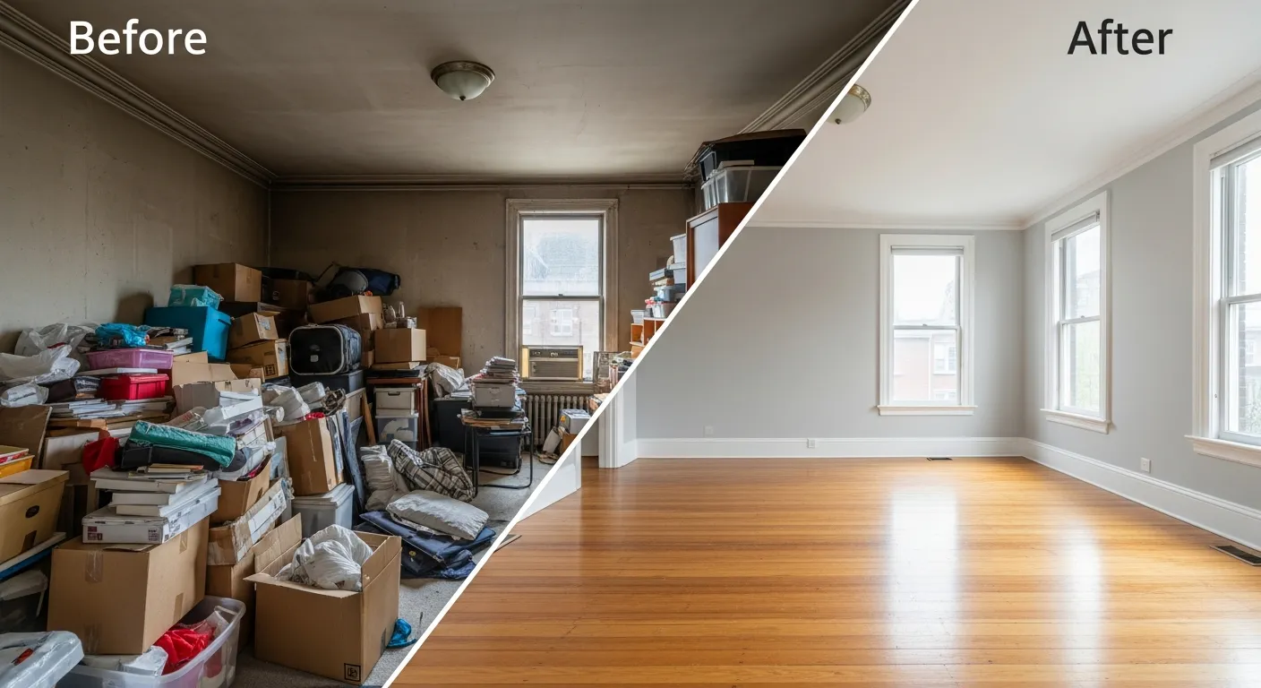 Before and after hoarding cleanup transformation showing a cluttered room restored to a clean, livable space
