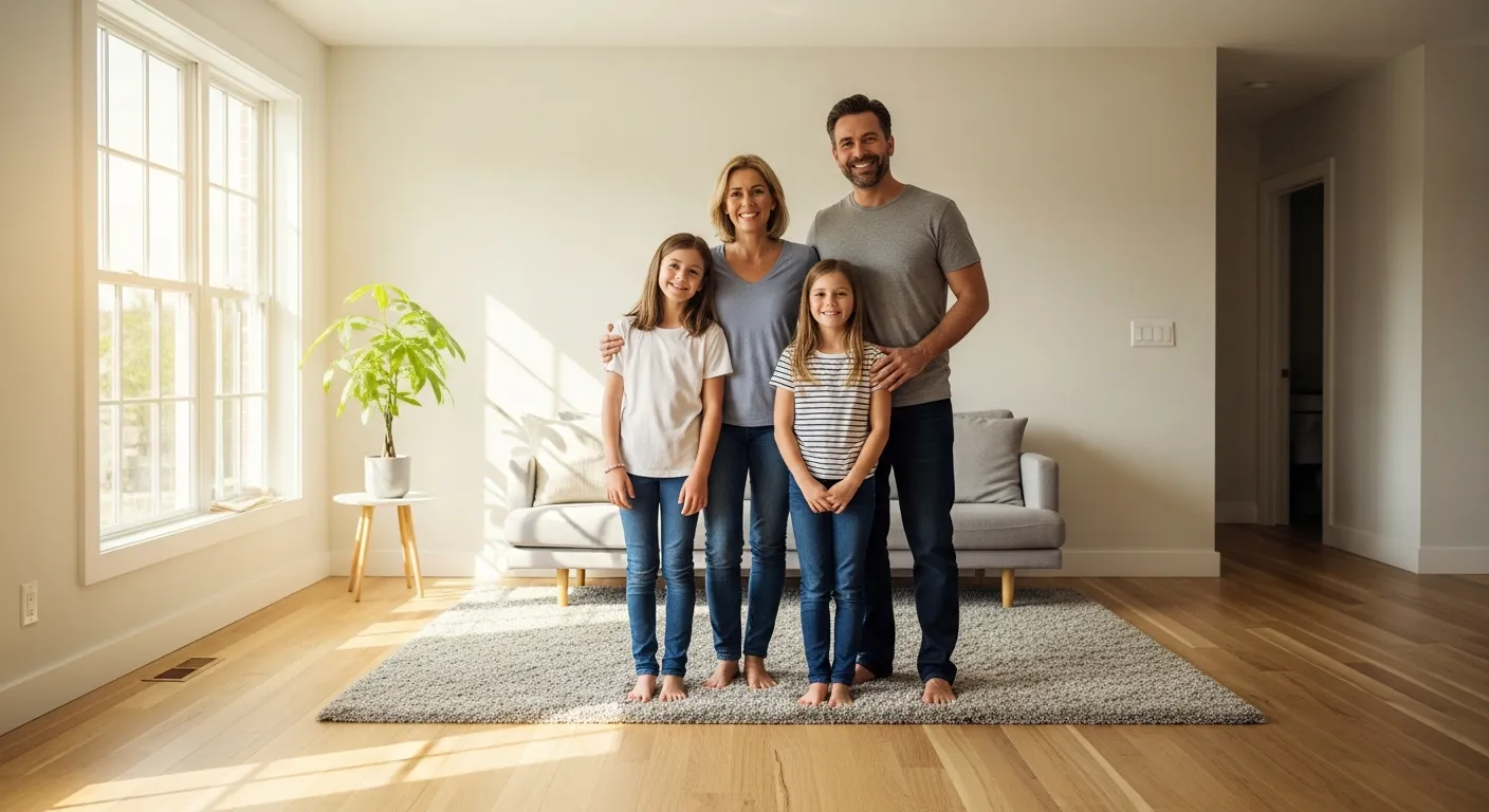 Family relieved and smiling in a clean home after professional hoarder cleanup services