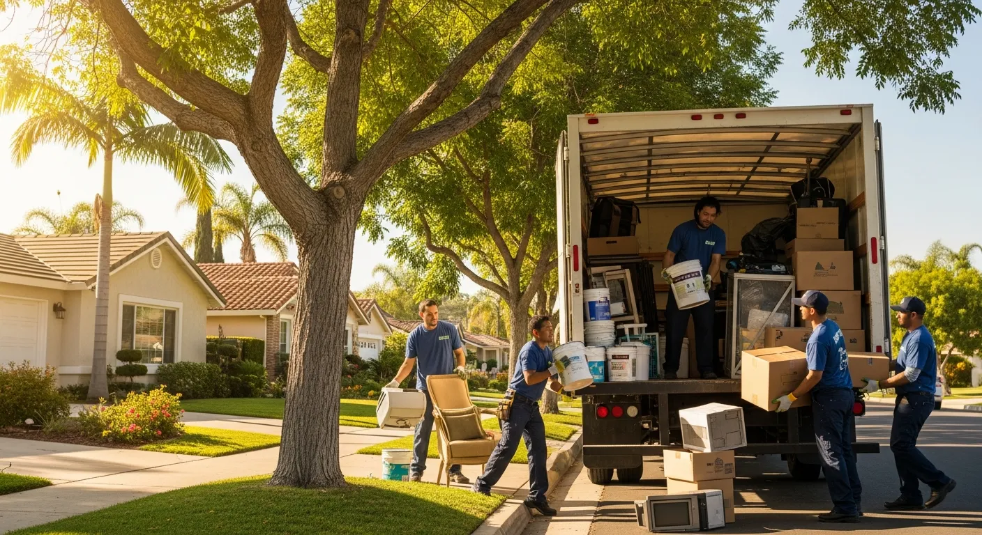 Professional junk removal crew loading paint cans and household items into a truck in Orange County