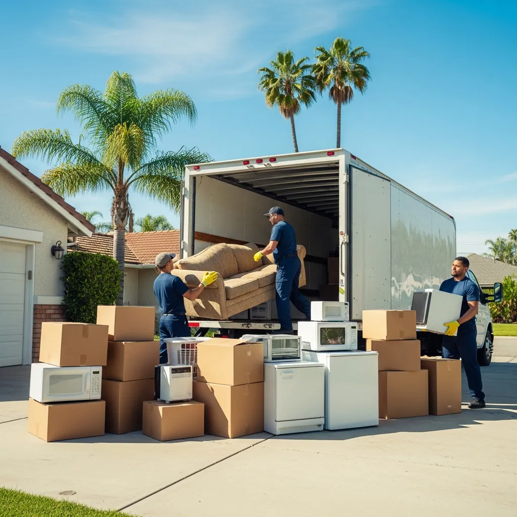 Junk removal team loading household items onto truck in Orange County
