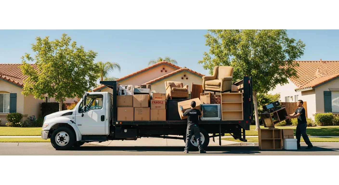 Junk removal truck being loaded with furniture and household items