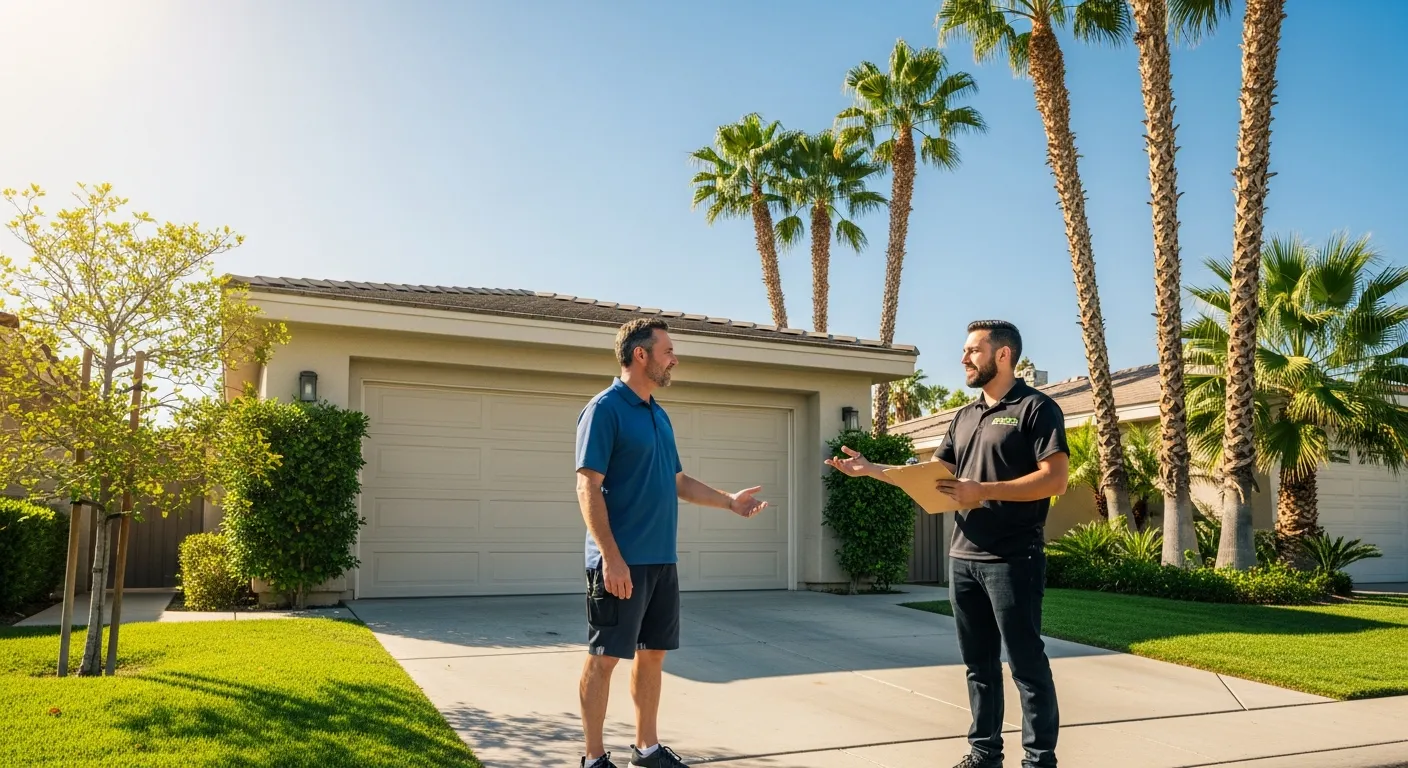 Homeowner getting a free junk removal cost estimate from professional crew