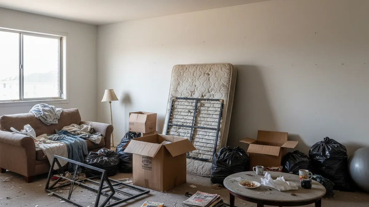 Cluttered apartment unit with furniture and items left behind after tenant moveout