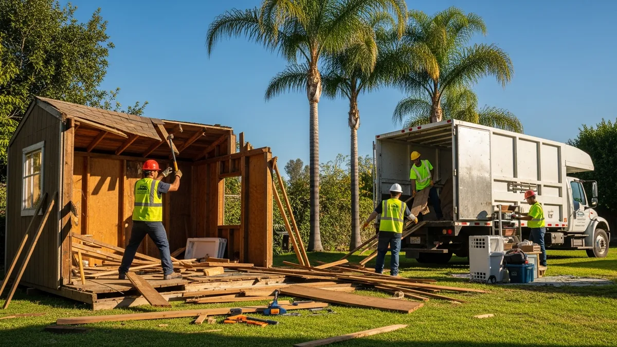 Professional crew demolishing a wooden shed in an Orange County backyard