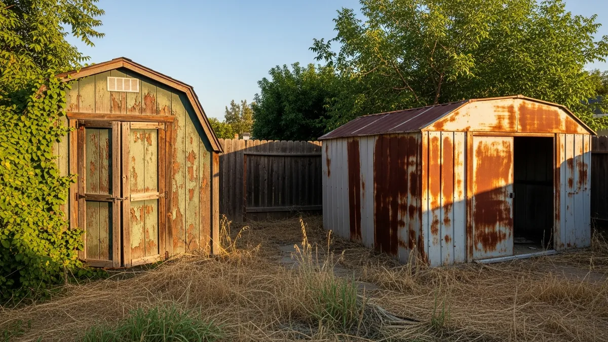Old deteriorating wooden and metal sheds in a Southern California backyard