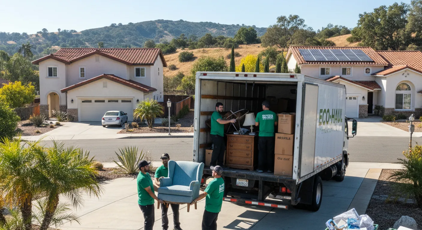 Professional junk removal team loading furniture from suburban Orange County home