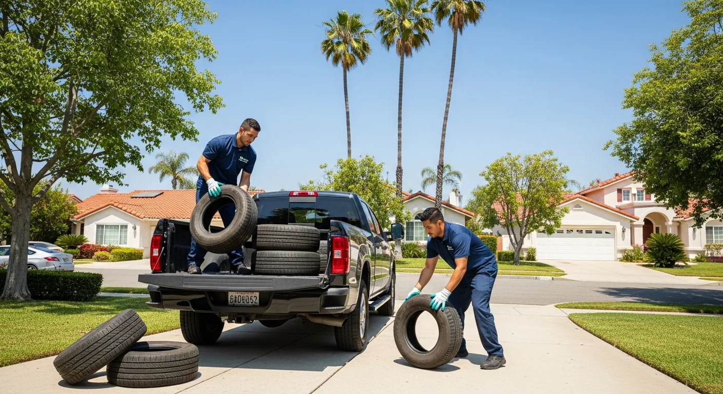 Professional junk removal crew loading old tires for eco-friendly disposal in Orange County