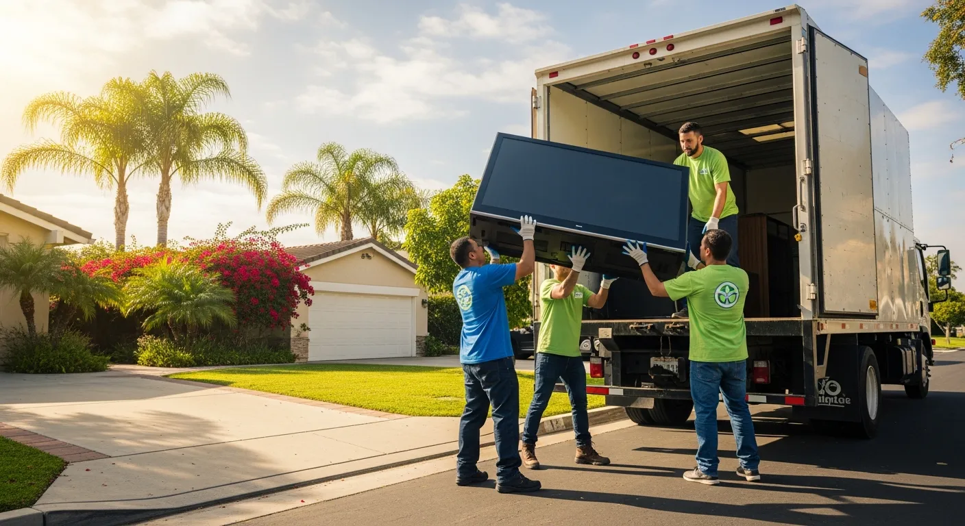 Professional junk removal crew loading old TV for eco-friendly disposal in Orange County