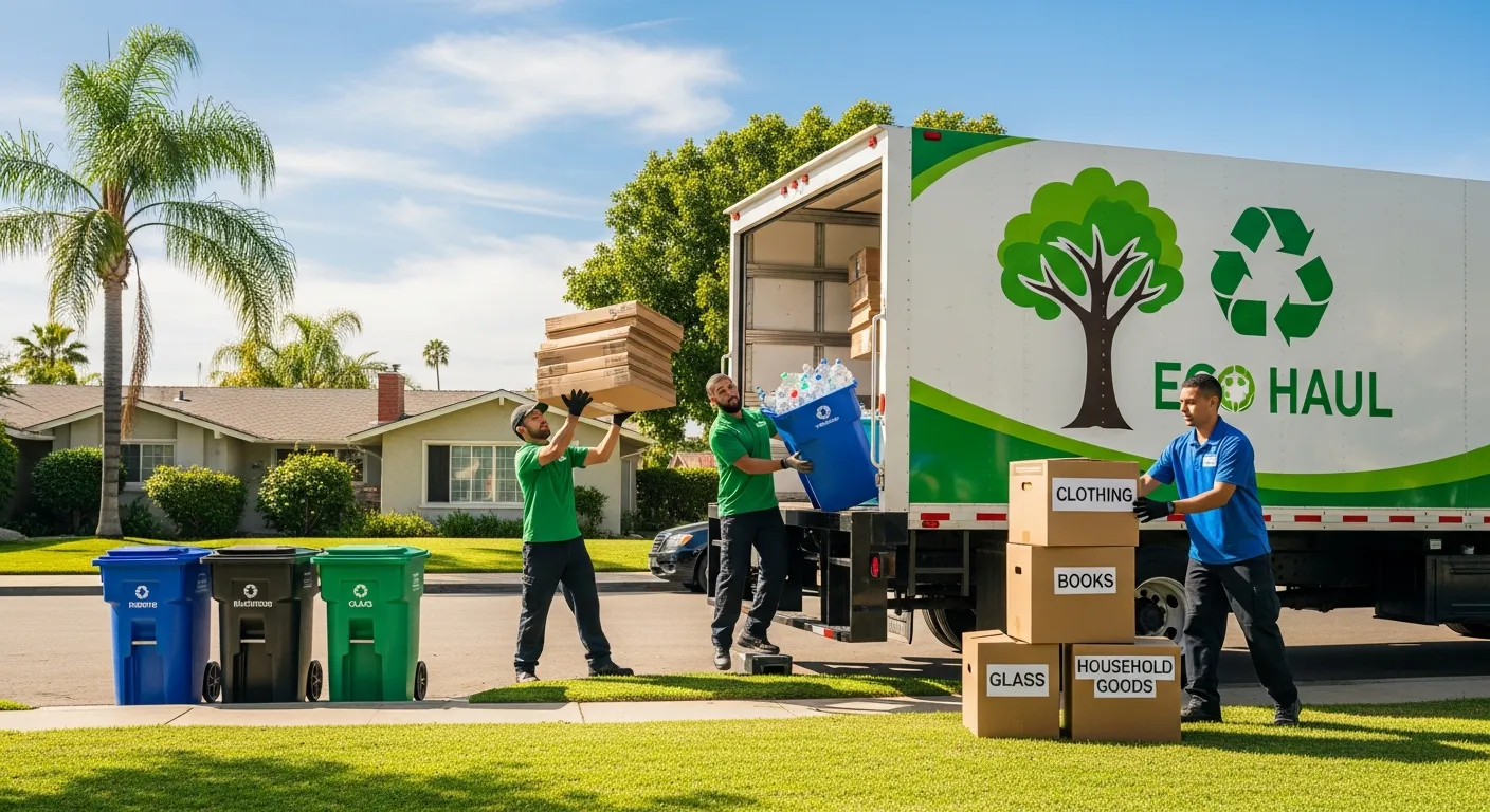 Eco-friendly junk removal team sorting items for recycling and donation in Orange County