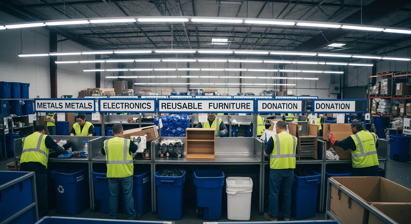 Workers sorting junk removal items into recycling and donation bins at a sorting facility