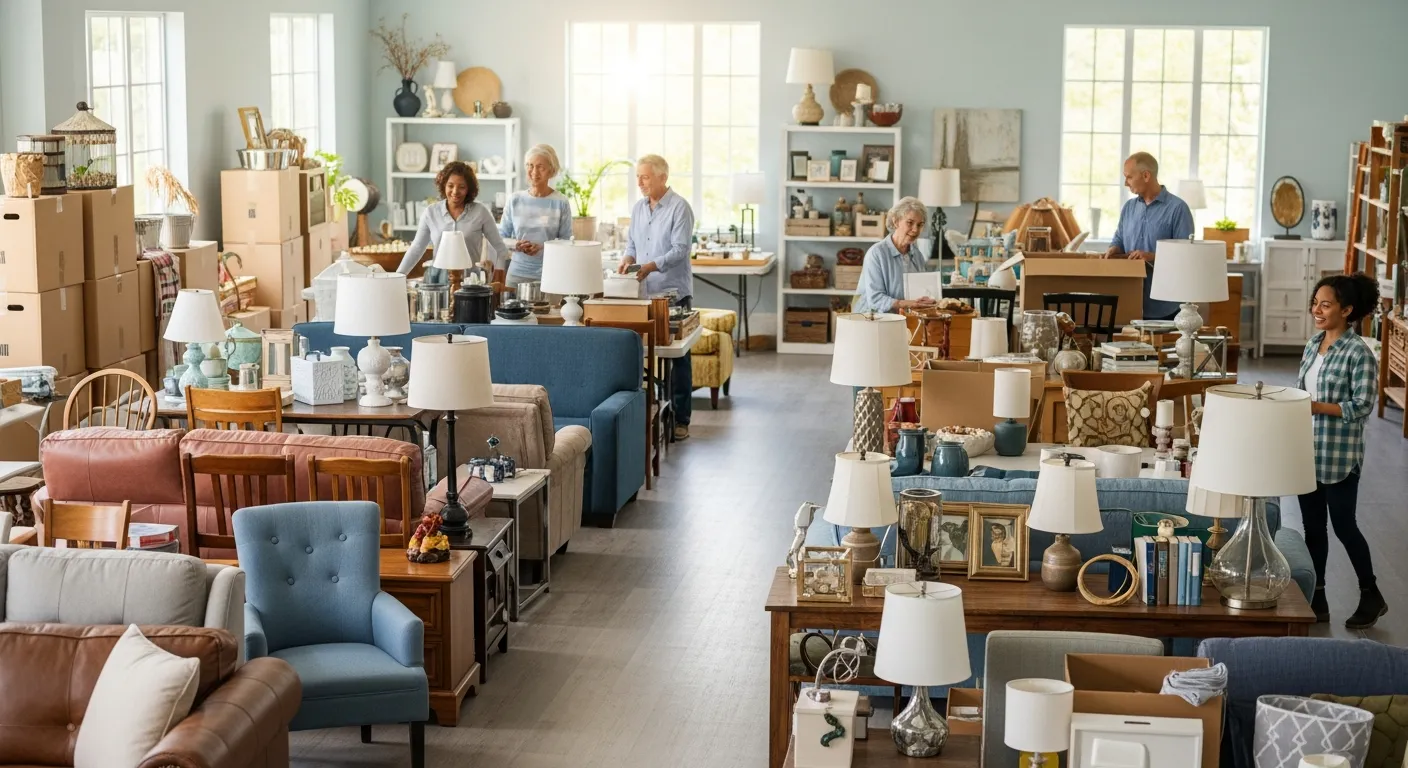 Donated household items and furniture organized at a local Orange County charity center