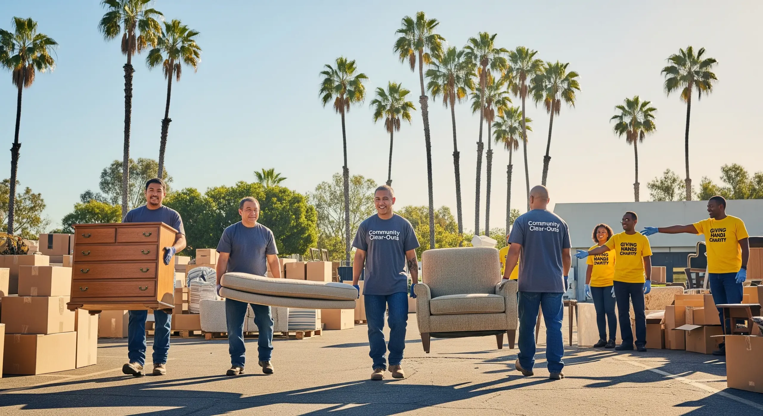 Professional junk removal team donating furniture at a charity center in Orange County California