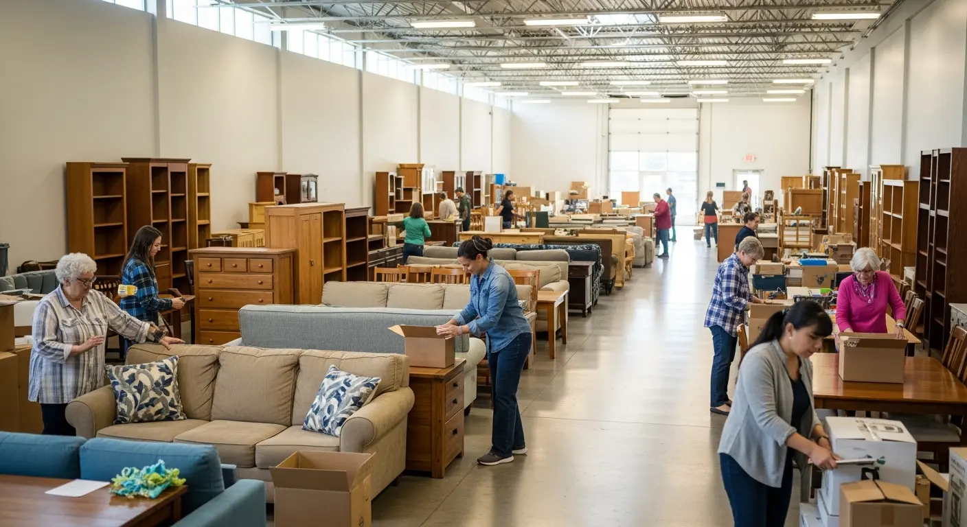 Organized donation center warehouse with donated furniture in Orange County