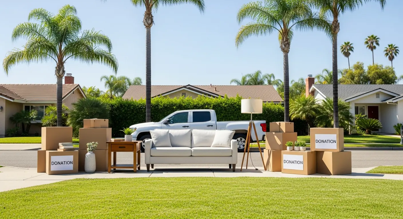 Household furniture prepared for donation pickup on a Southern California driveway