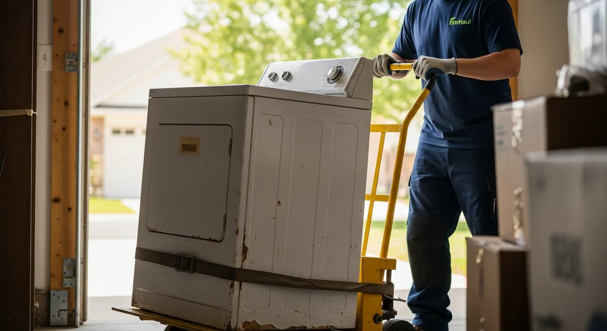 Junk removal worker using a dolly to move an old washing machine for proper disposal