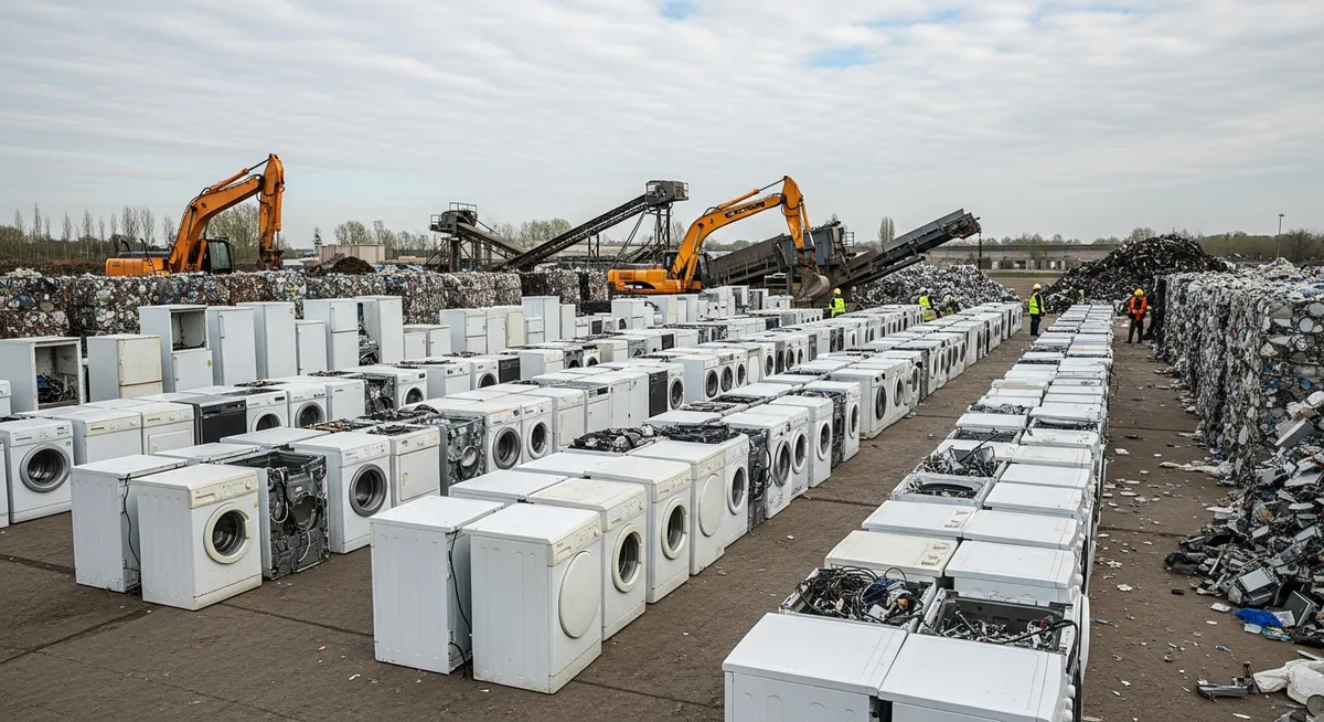 Appliance recycling facility processing old washers, dryers, and refrigerators for metal recovery