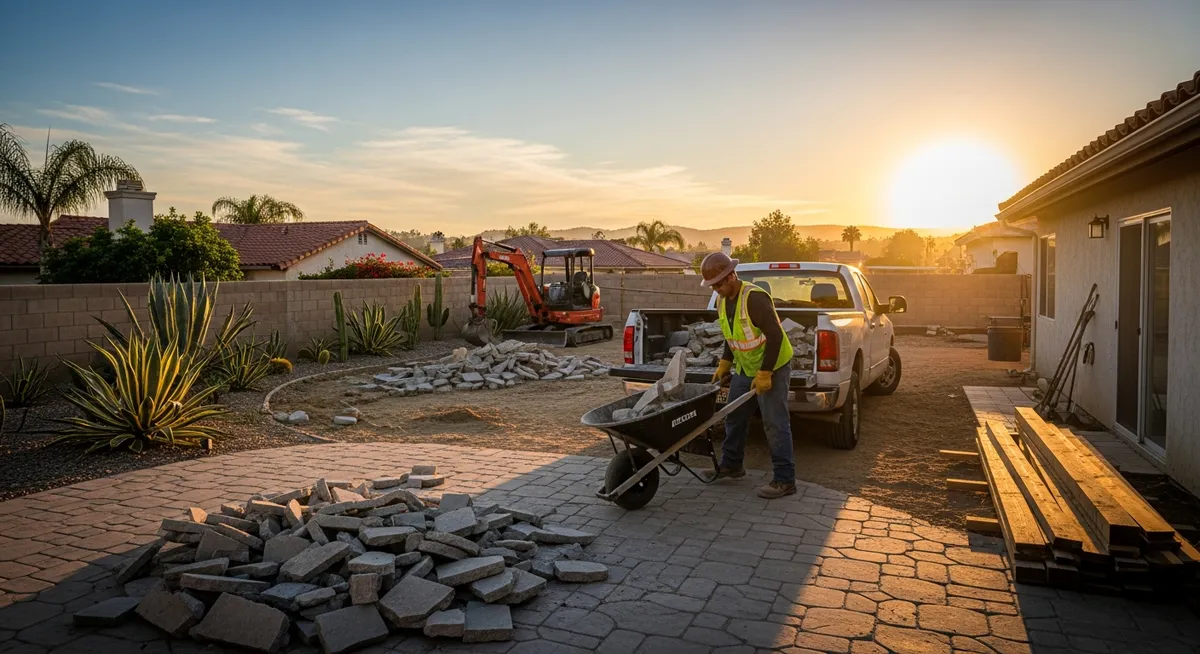 Worker loading broken concrete from a demolished patio into a truck for disposal