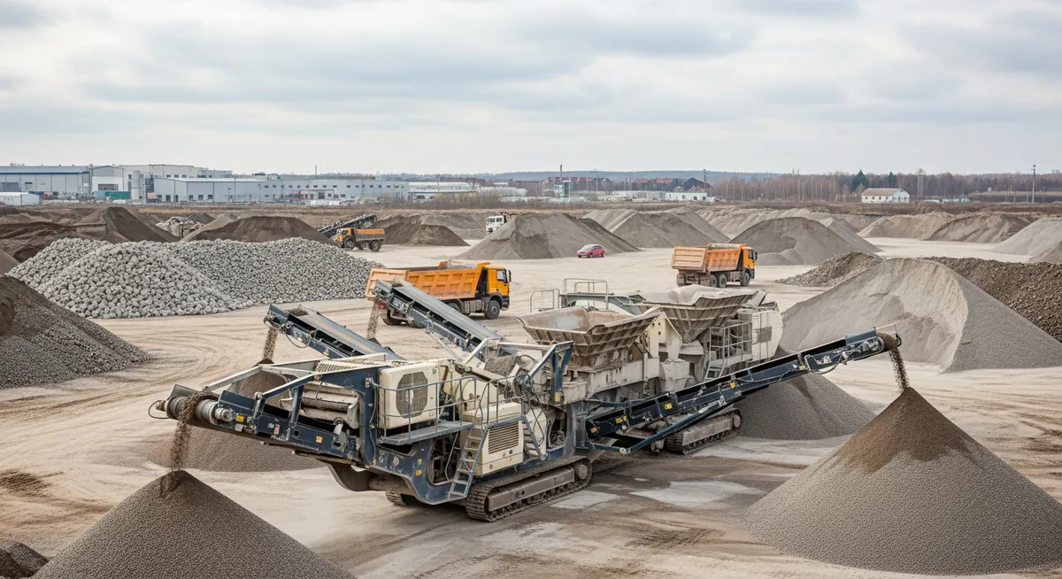Concrete recycling facility crushing old concrete into reusable gravel aggregate