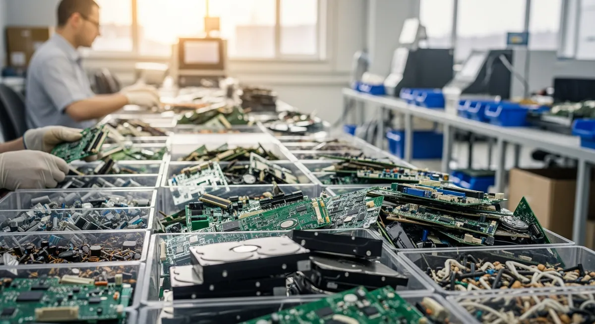 Circuit boards and electronic components being sorted at an e-waste recycling facility