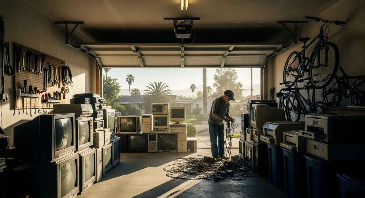Old electronics stacked in a garage waiting for proper e-waste disposal
