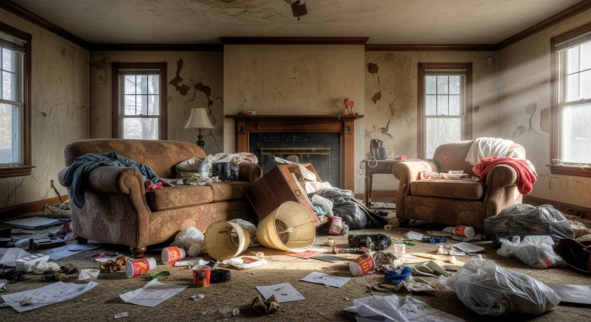 Interior of a foreclosed home with furniture and belongings needing full cleanout
